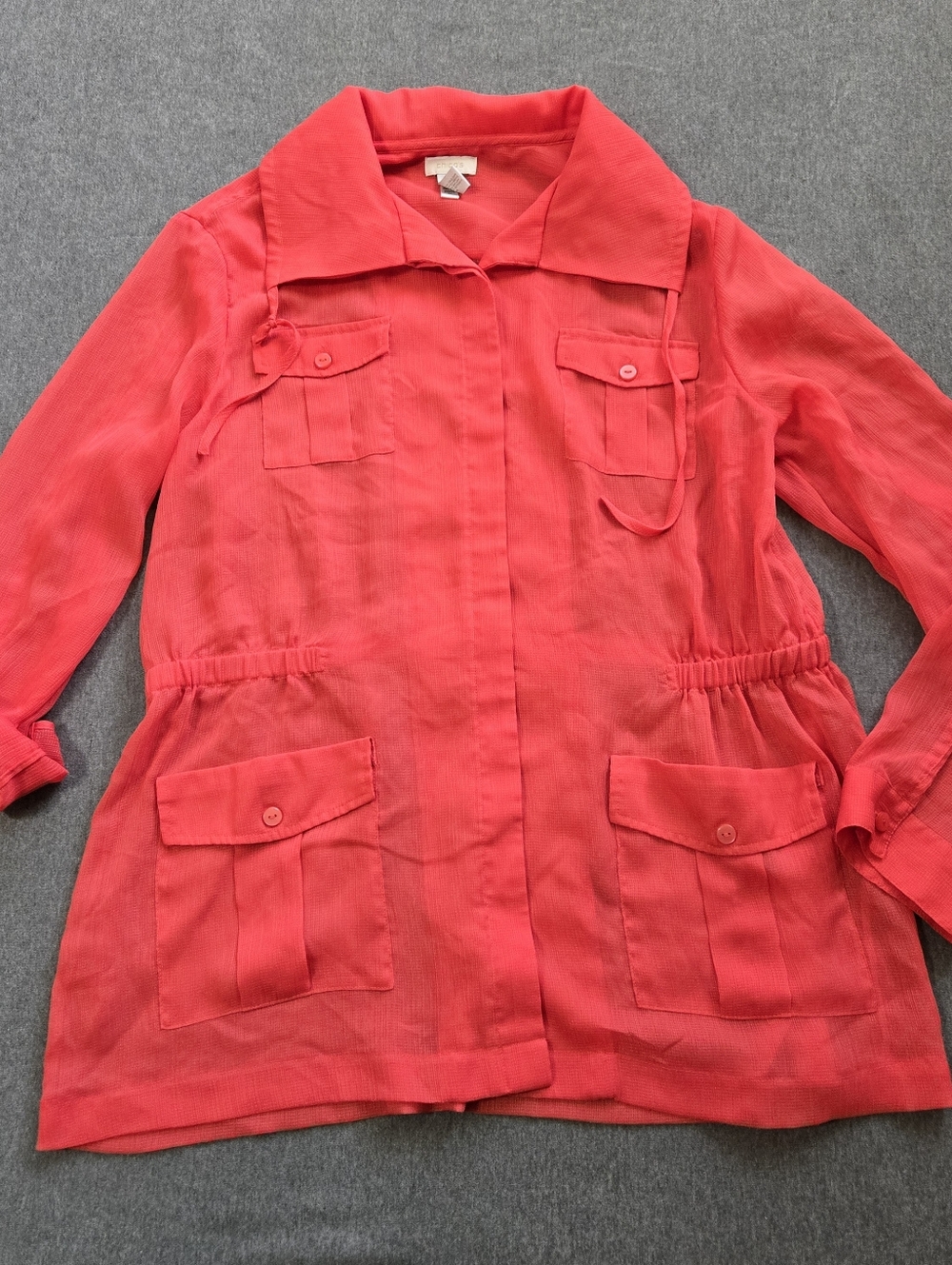 Chico's Size 1 (US Med/8) Sheer Button Up Blouse Top Roll Tab Sleeve Coral Beach